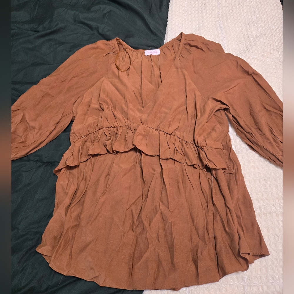 Pink Lily Brown Ruffle Blouse